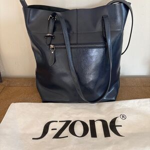 Navy S Zone Faux Leather Large Tote Shoulder Bag